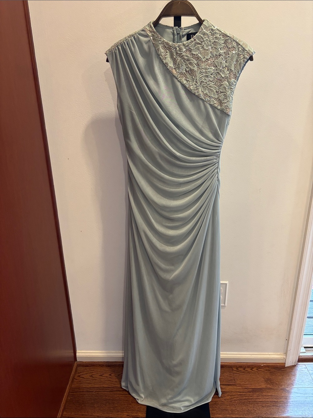 Betsy & Adam Pale Seafoam Green One-Shoulder Lace-Accent Draped Gown